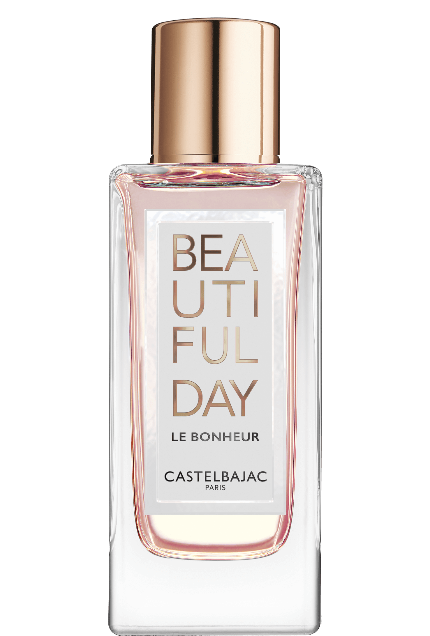 BEAUTIFUL DAY LE BONHEUR perfume bottle with golden-pink liquid, radiating vibrant energy against a sunlit, abstract backdrop