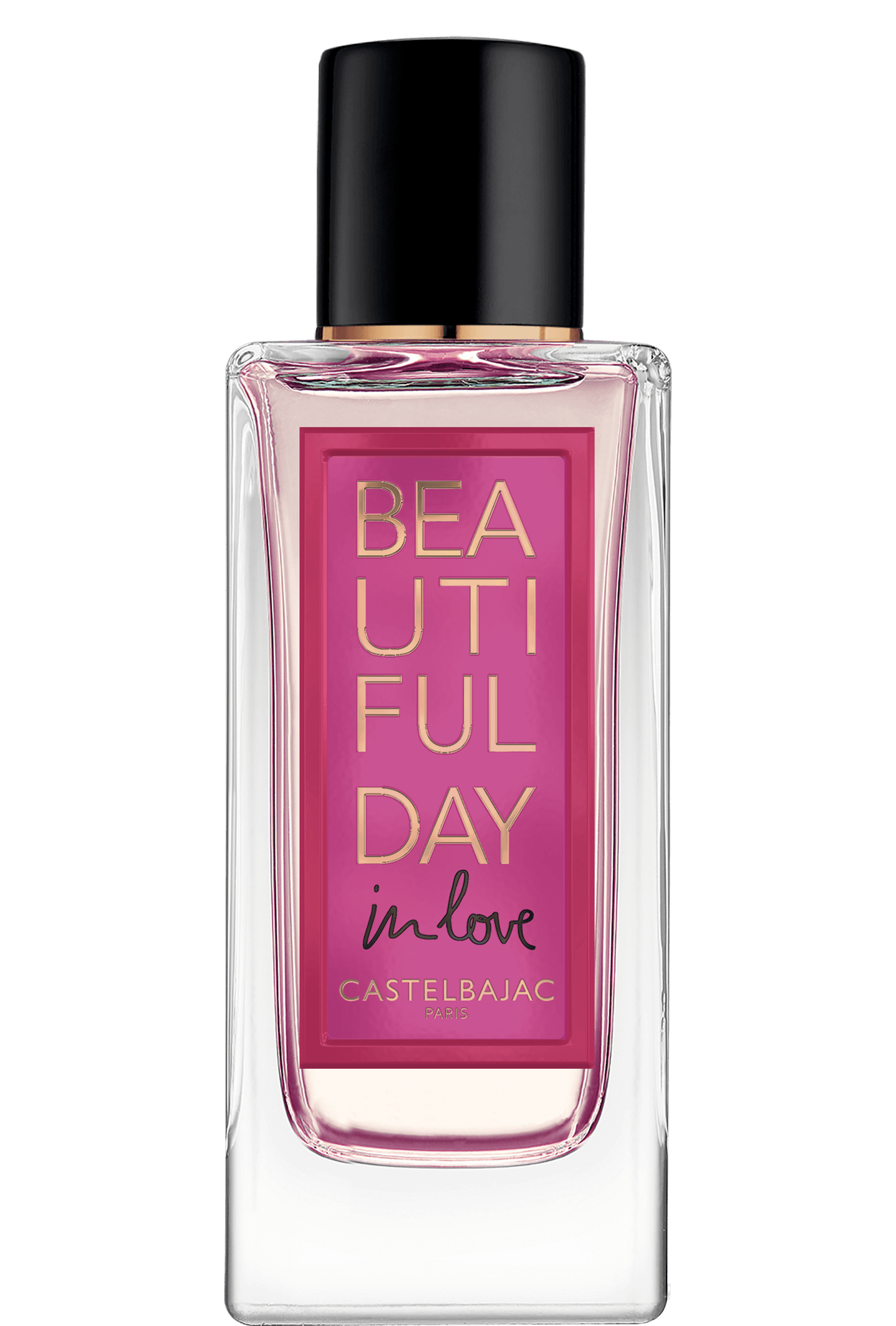 BEAUTIFUL DAY IN LOVE perfume bottle with golden-amber liquid, glowing sensually against a dusky, romantic backdrop