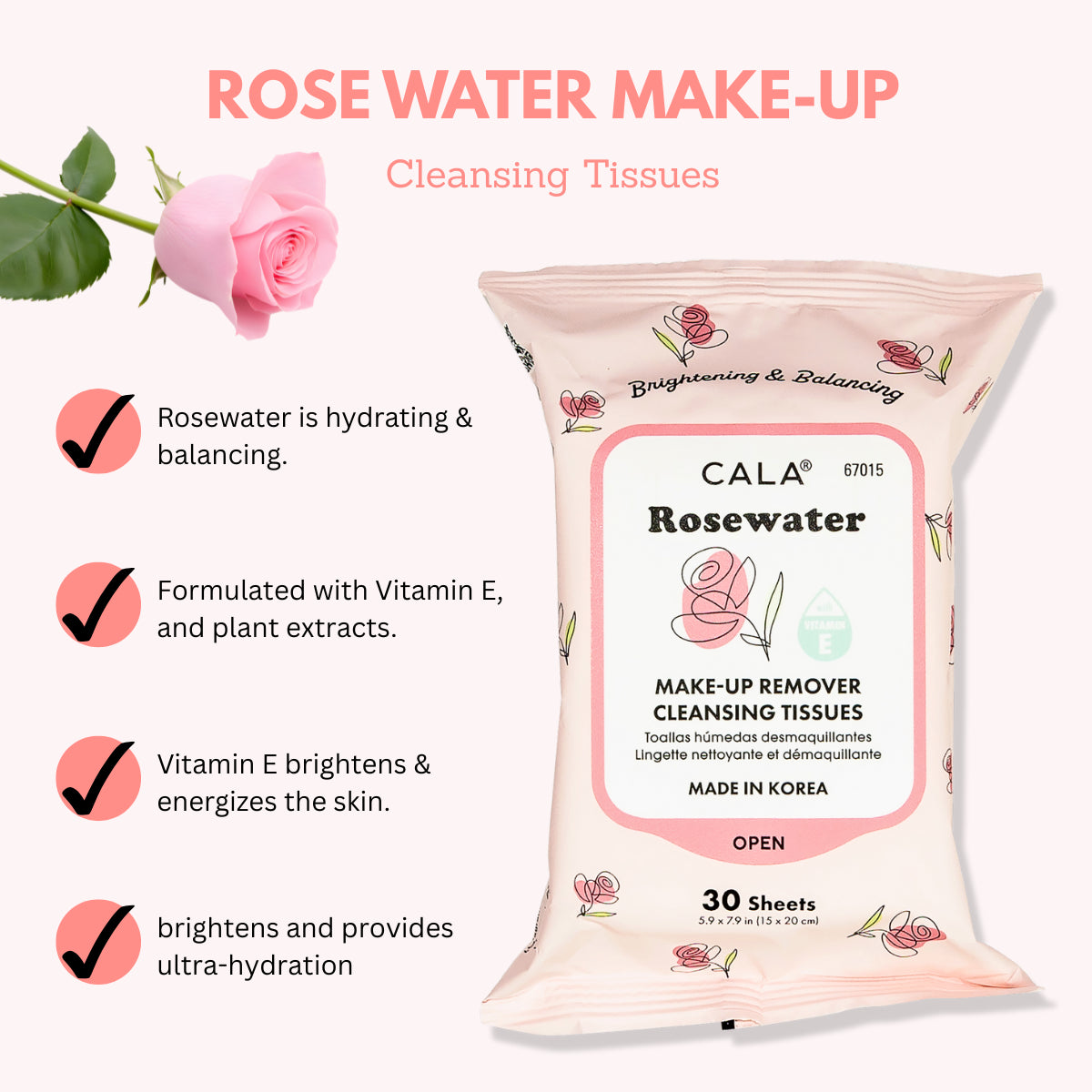 CALA Makeup Remover Cleansing Tissues: Rosewater (30 Sheets)