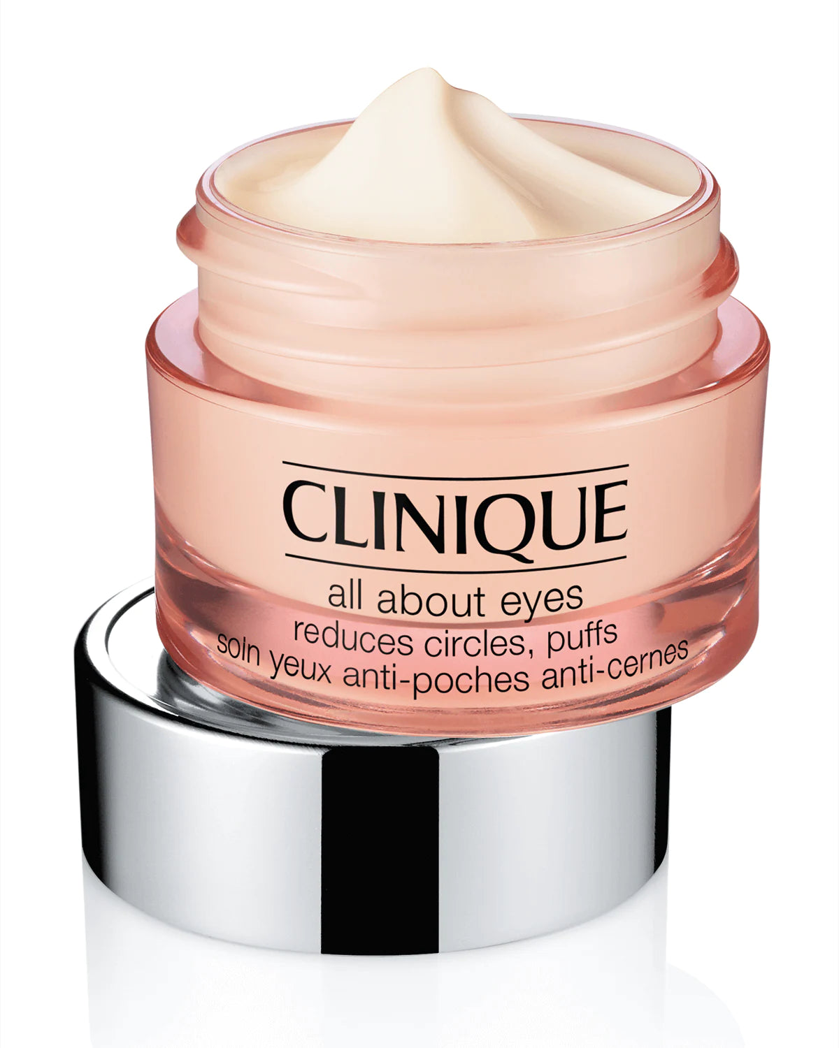 Clinique All About Eyes Rich Cream jar with cream dabbed onto a ring finger, highlighting gentle application for the delicate eye area
