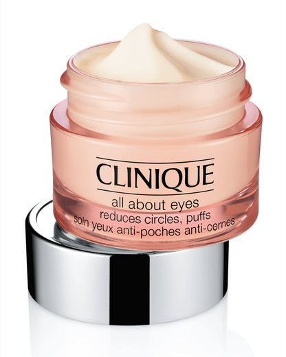 Clinique All About Eyes Rich Cream jar with cream dabbed onto a ring finger, highlighting gentle application for the delicate eye area